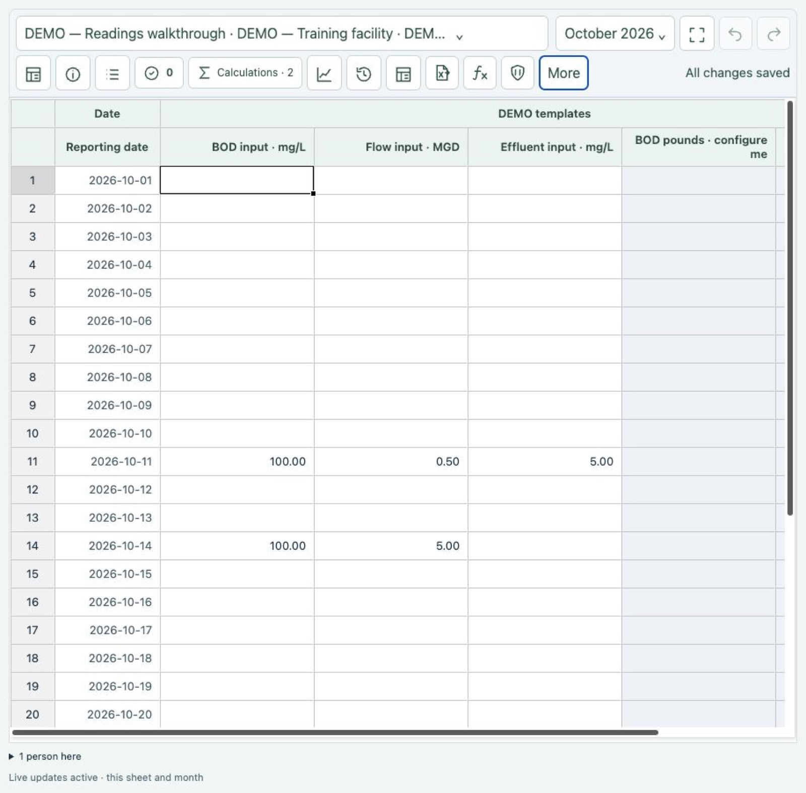 A synthetic training worksheet combines reading entry with save status and review tools.