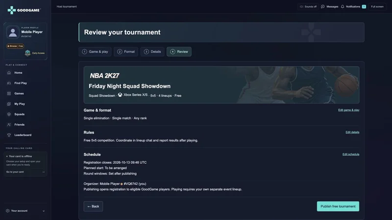 Tournament setup and review in the Console interface. Actual application with demo data and temporary game artwork.