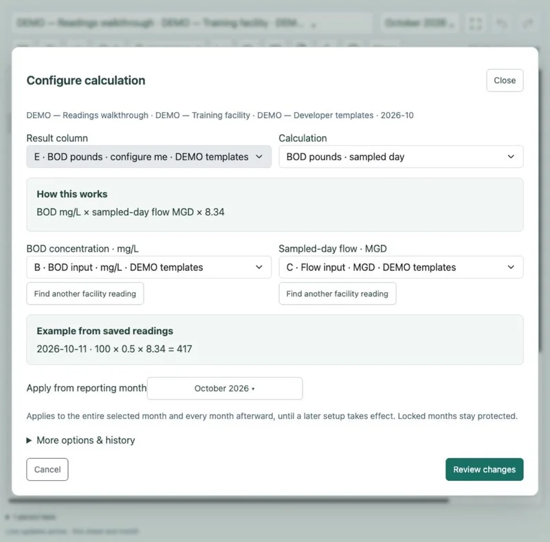 Named readings and a calculation explanation in an unsaved demonstration setup.