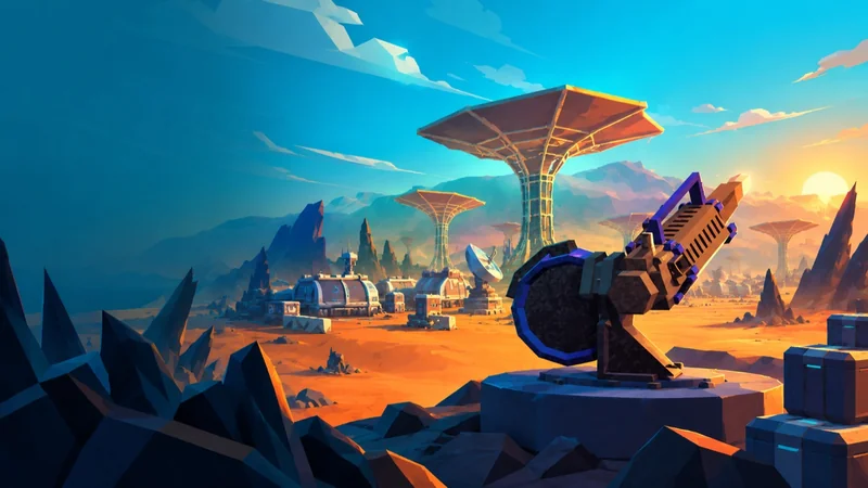 Firebase Oscar concept artwork showing an outpost turret in a colorful alien landscape