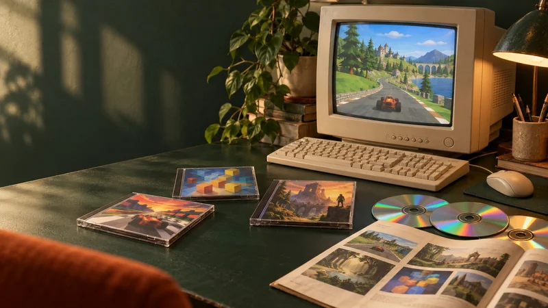 A nostalgic illustration of a desktop PC surrounded by game discs and a catalog